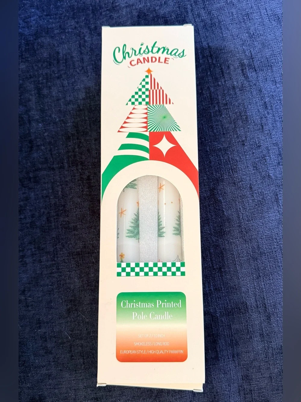 Christmas Printed Pole Candle - White with Green Tree Design